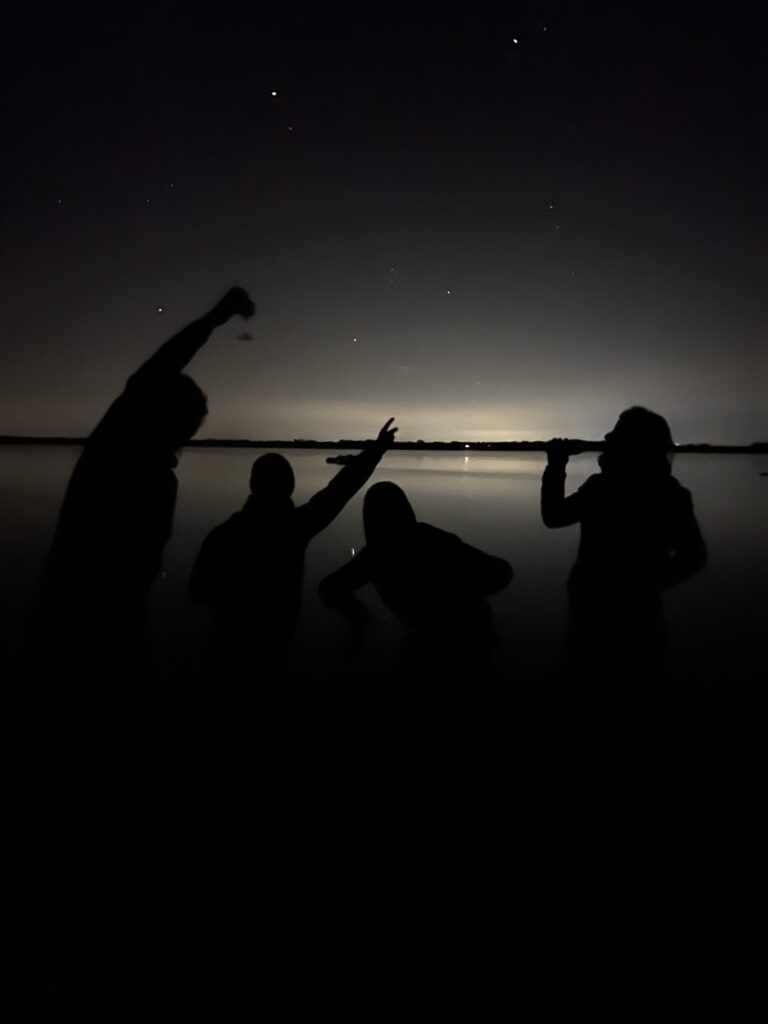 Group of young researchers posing at night with a sky full of stars